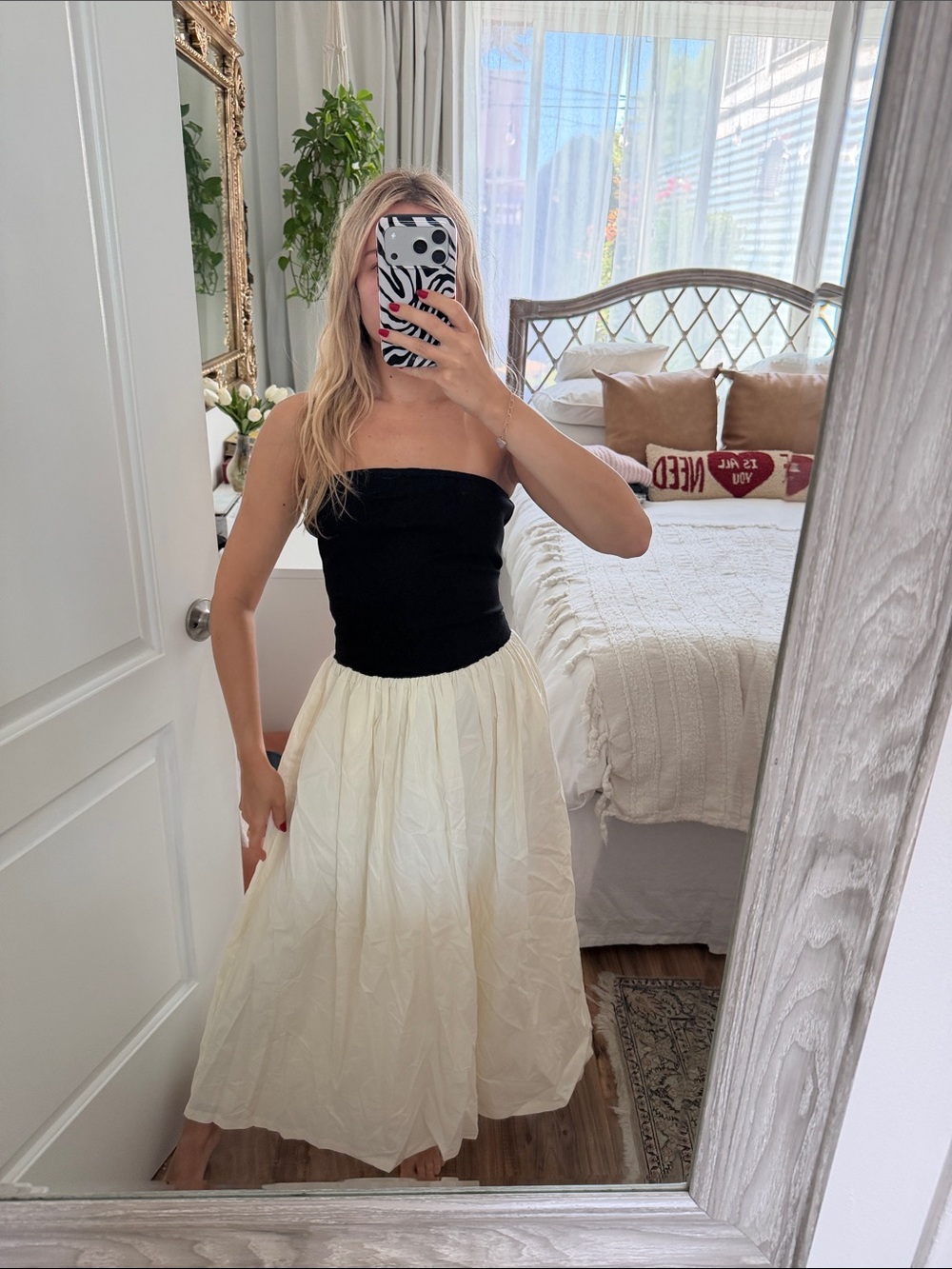 Strapless Two-Tone Black & Cream Midi Dress